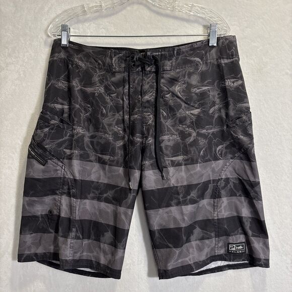 Pelagic High Performance Offshore Gear Sharkskin Board Shorts Size 33 Black Grey - Picture 1 of 16